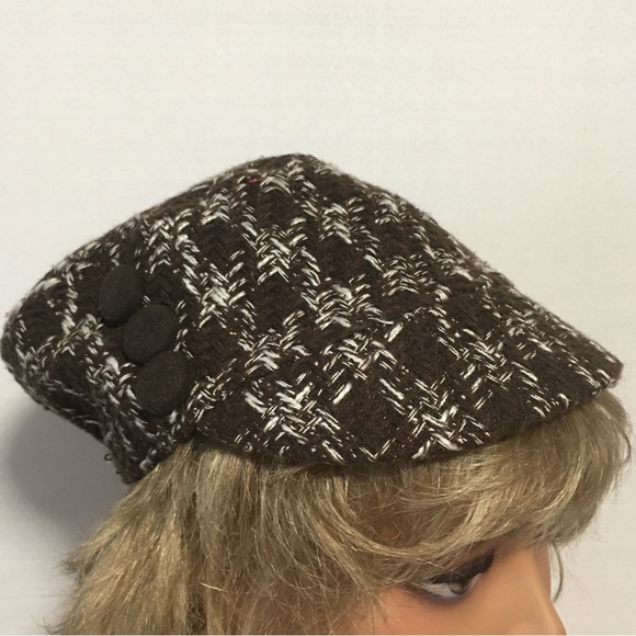 Textured Tweed Hat Covered Buttons Short Brim Visor Beret Retro British Style - Picture 2 of 9
